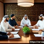 Home 12 피드백을 통한 갈등 해결 접근법 - A diverse group of Middle Eastern professionals engaged in a peaceful team meeting around a modern c...