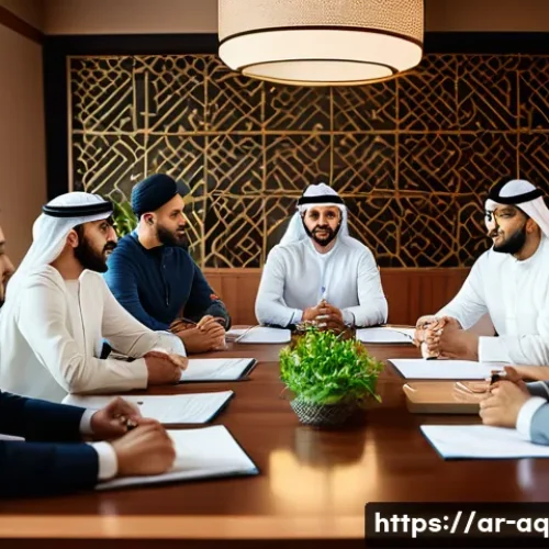 Home 24 피드백을 통한 갈등 해결 접근법 - A diverse group of Middle Eastern professionals engaged in a peaceful team meeting around a modern c...