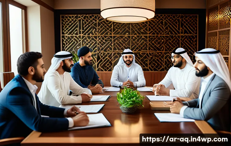 피드백을 통한 갈등 해결 접근법 - A diverse group of Middle Eastern professionals engaged in a peaceful team meeting around a modern c...