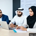 Home 17 피드백 활용의 장단점 분석 - A professional Middle Eastern office scene showing a diverse team of Arabic-speaking colleagues enga...