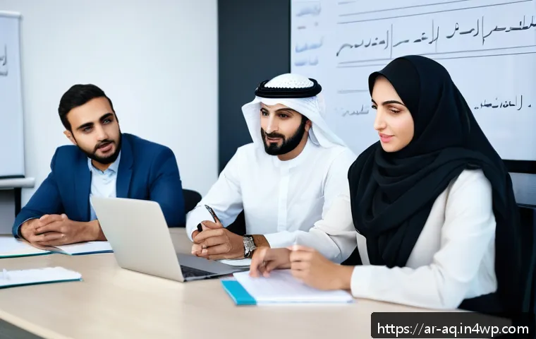 피드백 활용의 장단점 분석 - A professional Middle Eastern office scene showing a diverse team of Arabic-speaking colleagues enga...