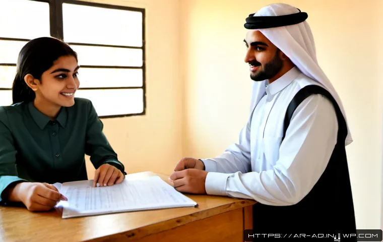 Home 13 피드백과 교육 차원의 연결 고리 - Photorealistic scene of an Arab female teacher in modest professional attire giving supportive visua...